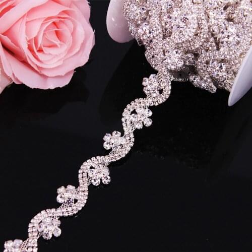 High Quality Silver Crystal Wedding Dress Belt Bridal Cup Chain Trim Flower shape Rhinestone Trim Sew on Garments DIY Crafts