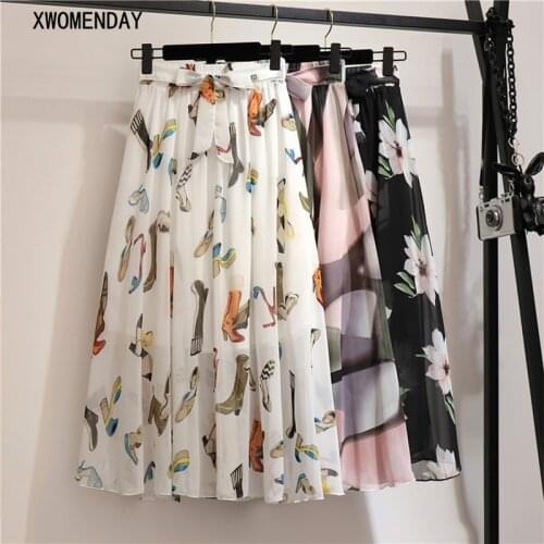 Women Chiffon Floral Pleated Midi Skirt Spring Summer Korean Style High Waist Bandage Skirts Elegant Black White School Skirt