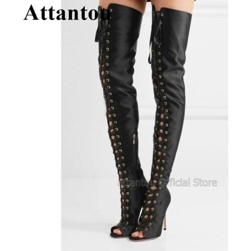 New Arriva Black Red Leather Over The Knee Lace Up Cross Tied Thigh High Boots Spring Women Summer Peep Toe Stiletto Long Boot
