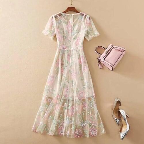 Women Summer Sequined 2021 Runway Fashion Luxury Flower Embroidery Mesh Elegant Long Party Beach Dress