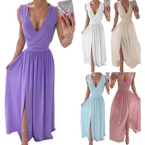 Summer Women Formal Sleeveless Dress Solid Color V Neck Front Cross Elegant Split Large Hem Long Dress Prom Robe