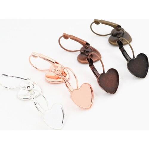 12mm 10pcs 4 Colors Plated Heart French Lever Back Earrings Blank/Base,Fit 12mm Glass Cabochons,Buttons;Earring Bezels