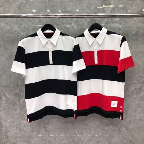 2021 Fashion TB THOM Brand Polo Shirt Turn-down Collar Patchwork Short-sleeved Polo Striped Men Women Cotton Summer Clothing