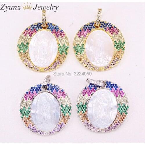 5PCS Multi-color CZ Micro Pave Round Shaped Oval Shell Jesus Pendant, Fit Making Necklace Gems Charm Jewelry