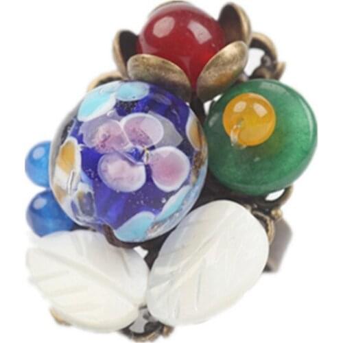 Antique Copper Shell Leaf and Many Colors Stone Beads Resizable Finger Ring for Gift Jewelry