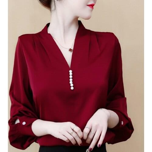 Blouses Women 2021 Beading V-neck Office Ladies Tops Blusas Long Sleeve Chiffon Blouse Women Shirts Womens Tops And Blouses C373