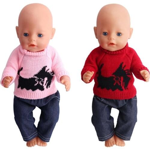 40-43 Cm Boy American Dolls Clothes Cartoon Print Cat Sweater Set Newborn Baby Toys Accessories Fit 18 Inch Girls Doll Gift f64