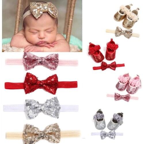 Newborn Baby Girl Sequins Glitter Crib Shoes+Hairband Soft Sole Shoes Prewalker