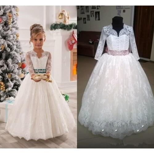 Ivory Lace Tulle beading Flower Girl Dresses for Birthday Weddings Holiday First Communion Dresses for Little Girls