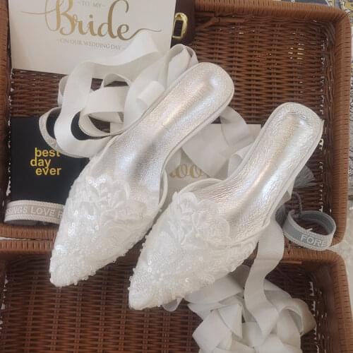 New Lace Flats Fashion Pointed Bride Wedding Shoes Sequin Lace-Up Eveing Party Flats Casual Mule Summer