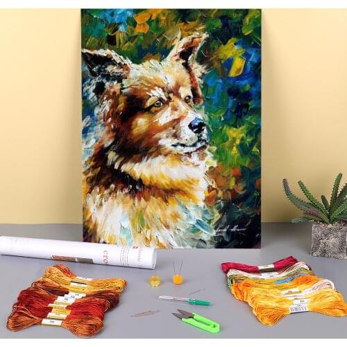 Oil Style Brown Dog Pre-Printed 11CT Cross Stitch Patterns Embroidery DMC Threads Handmade Handiwork Jewelry