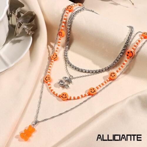 Multilayer Colorful Smiley Beaded Choker Cherry Bear Necklace For Women Silver Color Shiny Crystal Tennis Chain Necklace Jewelry