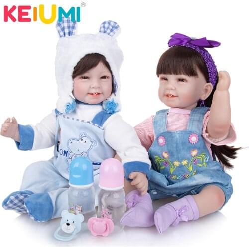 KEIUMI 22 Inch Lovers Smile Face Soft Silicone Twins Reborn Baby Doll Cloth Body Dolls Reborn Bebe Toys For Kids Surprise Gifts