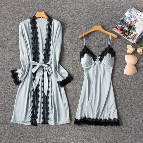 Daeyard Silk Robe And Gown Set For Women Sexy Lace Trim Robe And Night Dress 2Pcs Pajamas Nightdress Sleepwear Casual Homewear