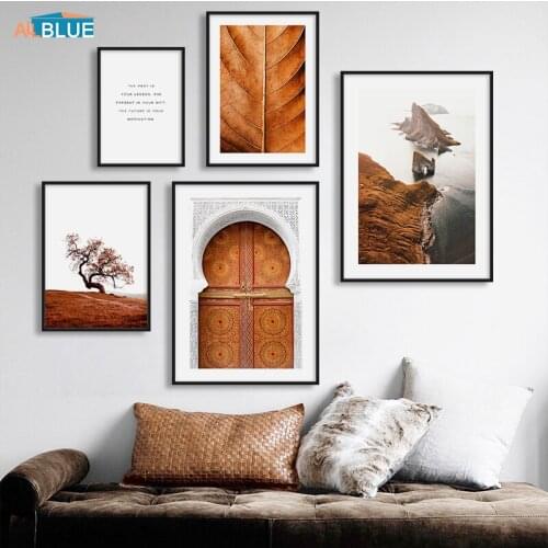 Brown Leaves Door Canvas Prints Nordic Poster Nature Wall Art Landscape Sea Island Painting Wall Pictures For Living Room Decor