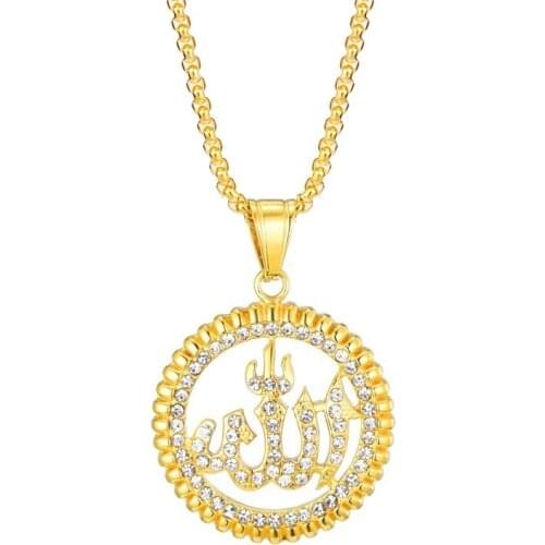 New Religious Islam Muslim Rune Round Pendant Necklace Mens Necklace Austrian Crystal Inlaid Rune Necklace Pendant Accessory