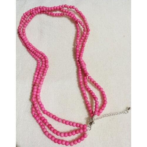 3 rows Charm jewelry 4mm bright pink stone handmade Necklace chain clasp fashion woman 14'' 35cm 18'' 45cm