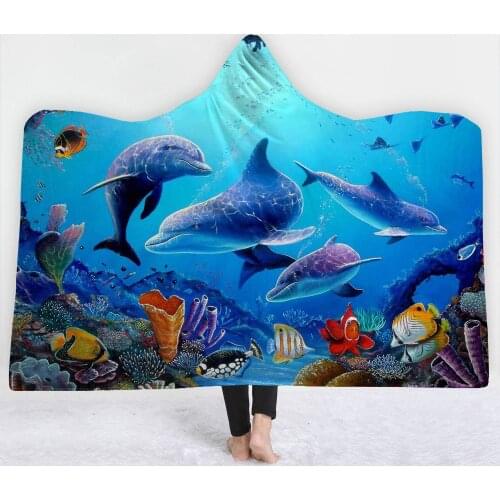 Dolphin Hooded Blanket for Adult kids 3d print Arctic Fleece Cape soft Wearable blankets for beds winter warm L003