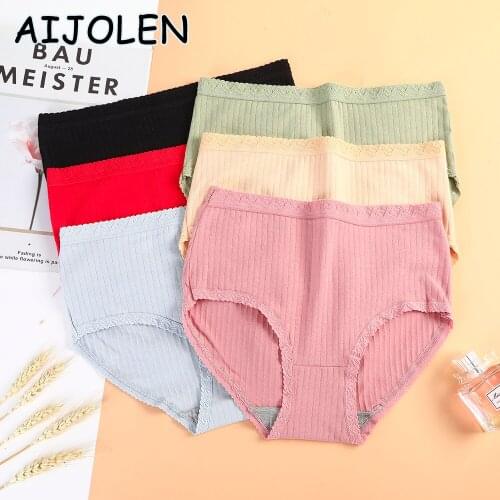 AIJOLEN Solid Color Threaded Cotton Panties Womens Underwear Mid-waist Soft Underpants Breathable Lace Trim Panties Large Size
