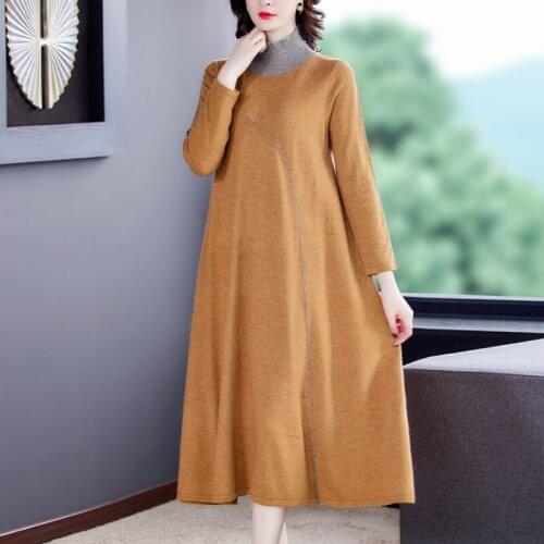 2021 Autumn Winter Casual Elegant Warm Loose Knitted Sweater Dress Women Tight-fitting High-neck Long Wool Sweater