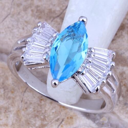 Stunning Sky Blue Cubic Zirconia White CZ Silver Plated Womens Jewelry Ring Size 6 / 7 / 8 / 9 R0531