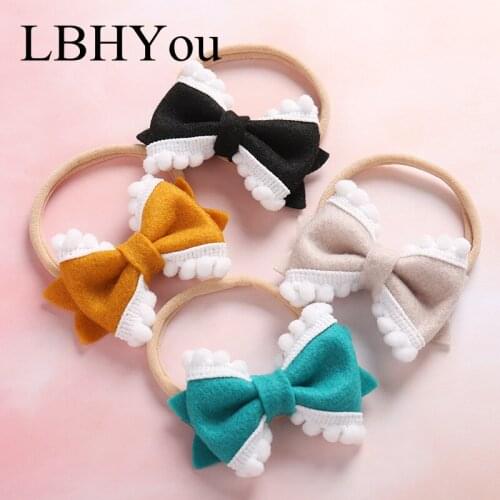 1pcs Handmade Flock Fabric Bows Nylon Headbands ,Soft Stretchy Nylon Hairbands,Newborn Knot Bows Elastic Head Bands Hair Wear