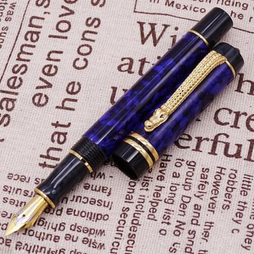 Crocodile Marble Celluloid Fountain Pen 22KGP Medium Nib Writing Gift Pen,Blue Flowers Pattern Crocodile Clip Office Supplies
