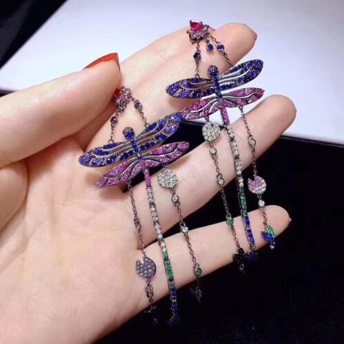 Multi color insect dragonfly drop earring long earring 925 sterling silver with cubic zircon antique vintage 84*34MM fashion