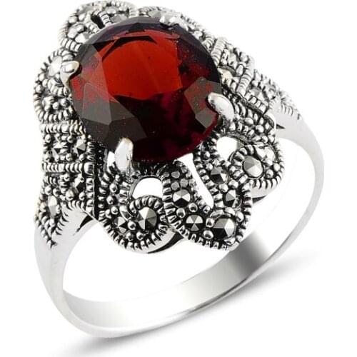 Silverlina Silver Garnet Zircon & Marcasite Ring