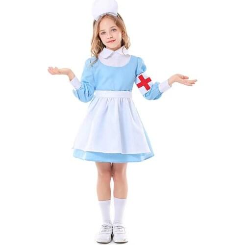 Light Blue Girls Halloween Doctors Nurse Costumes Kids Children Maid Cosplay Carnival Purim Parade Stage Role Play Party Dress