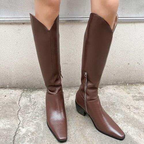 2020 Handmade Genuine Leather Women Winter Boots Square Toe Extra Warm Western Knee High Boots Chunky Heel Side Zip Cowboy Shoes