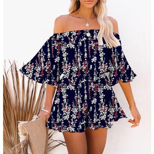 Sexy Women Summer Solid Color Playsuits Patchwork Ruffles Decor Slash Neck Short Sleeve High Waist Loose Jumpsuits