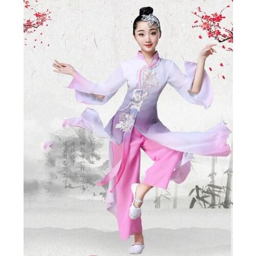 Clssic Chinese National Stage Performance Costume Girl Chinese Folk Dancewear Kids Fan Dance Outfit Child Ethnic Dancer Outfit
