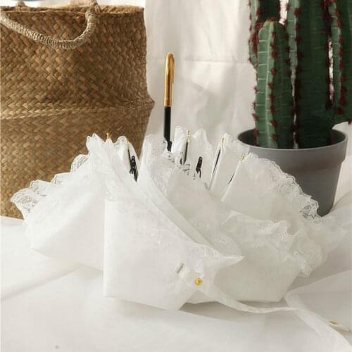 Sun Umbrella Rain Women Clear White Lace Princess Windproof Ladies Umbrella Golden Bend Handle Sweet Wind Ombrello Gift SY257