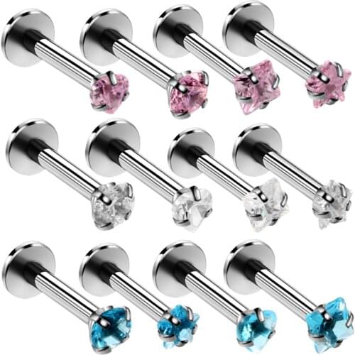 4pcs/lot Stainless Steel Crystal Gem Labret Stud Lip Rings Piercing Round&Star&Square&Heart Shape Ear Tragus Cartilage Jewelry