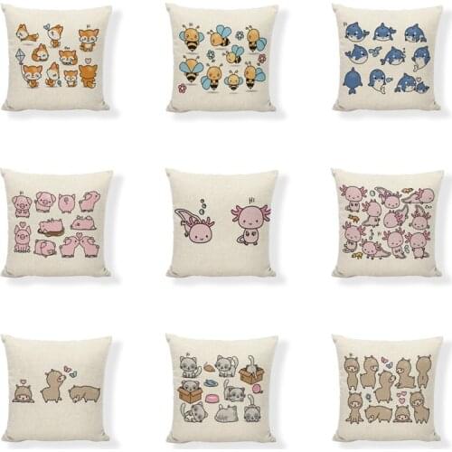 Linen 45*45cm Cushion Covers Bee Axolotl Pig Fox Print Pillowcase Home Living Room Sofa Chair Cushion Decoration Accessories