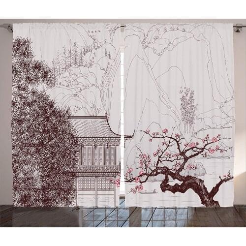 Asian Curtains Chinese Religion Temple Sakura Trees and Mountain Forms Pagoda Eastern Living Room Bedroom Window Drapes