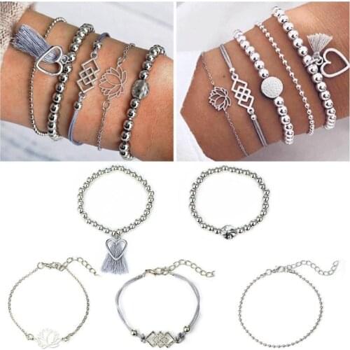5pcs/set Bohemian Feather Flower Bracelet Woman New Fashion Beaded Chain Bracelet Vintage Tassel Jewelry Jewelry Gift