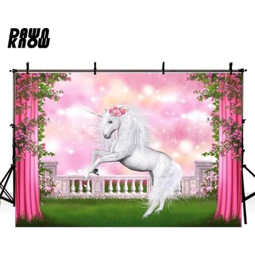 DAWNKNOW Fairy Tale Unicorn Photography Background For Children Fantasy Pink Curtain Customize Backdrop For Photo Booth G550