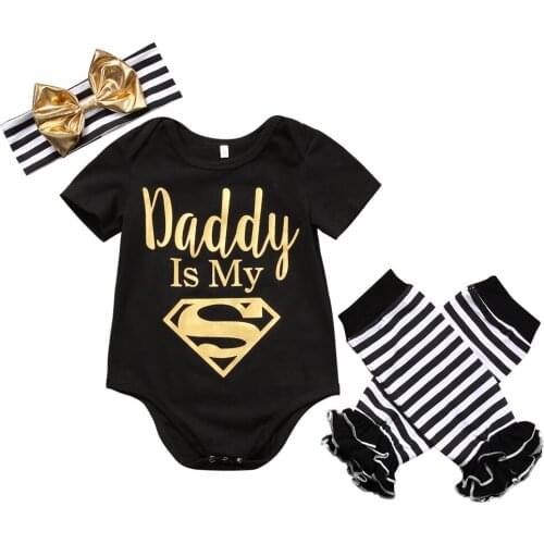 Newborn Baby Boy Girl Clothes Set Autumn Short Sleeve Bodysuit Black Letter Top Striped Leg Warmer Bow Headband Outfits 3PCs