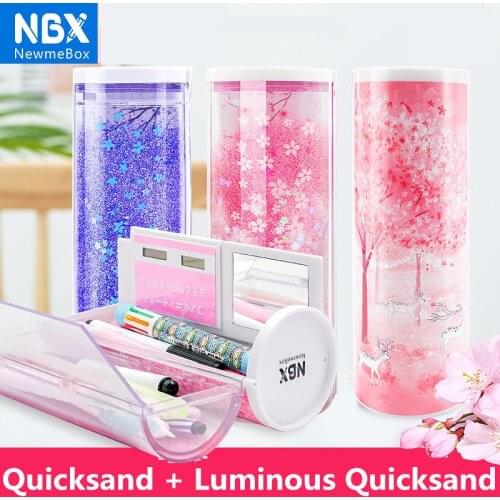 2020 NEW Kawaii Pencil Case Cute Quicksand High Capacity With Solar Calculator Mirror Pen Storage Box Boys Girl Stationery Gift