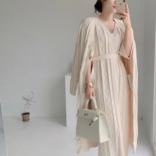 Trend Lady Evening Party Sets Knit Dress Autumn Winter Knitted Cardigan And Long Dresses Two Piece Set Office Lady Elegant Robe
