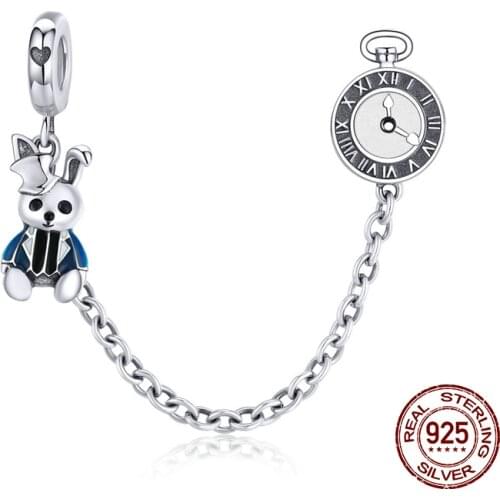 Genuine 925 sterling silver magical rabbit safety chain fit Pandora bracelet charm beads girl wedding gift woman jewelry making