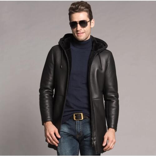 2020 New Mens Winter Shearling Coat Warm Hooded Leather Jacket Long Outerwear Luxury Sheepskin Overcoat Tj11