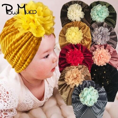 Powmuco 18*20 CM Comfortable Soft Gold Velvet Infant Indian Hat Cute Dots Flower Toddler Turban Solid Color Striped Kid Headwear