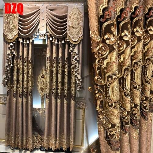 European-style Luxury Living Room Curtains Upscale Atmosphere Chenille Embroidered Openwork Coffee Color Bedroom Curtains