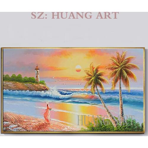 Modern art decorative oil painting, hand-painted wall art beach seascape picture frame wall adornment bedroom bathroom sitting r