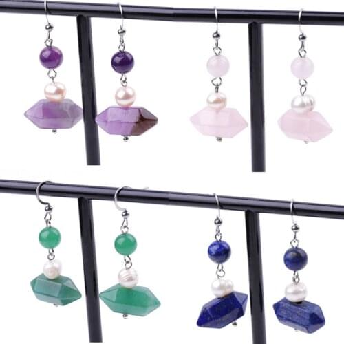 FYJS Unique 10 Pairs Silver Plated Hexagon Column Labradorite Stone Dangle Earrings with Pearls Lapis Lazuli Jewelry