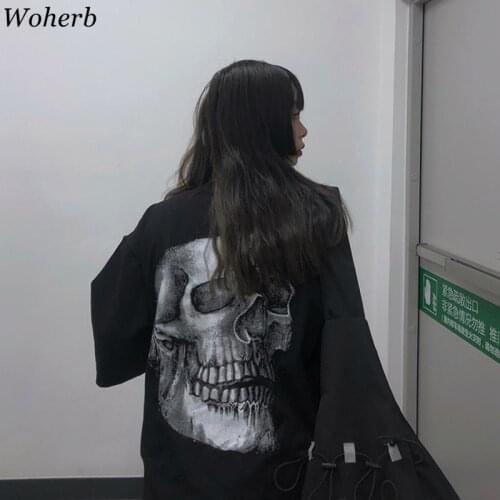 Woherb Summer 2021 Harajuku T Shirt Women Cartoon Skull Print Graphic T-shirt Loose Black Short Sleeve Tee Shirts Streetwear
