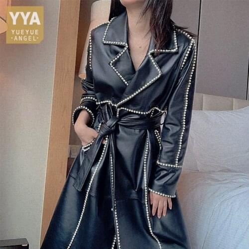 Brand Luxury Diamond Windbreakers Overcoat Women Runway Genuine Leather Long Jacket High Street Female Sashes Sheepskin Coats